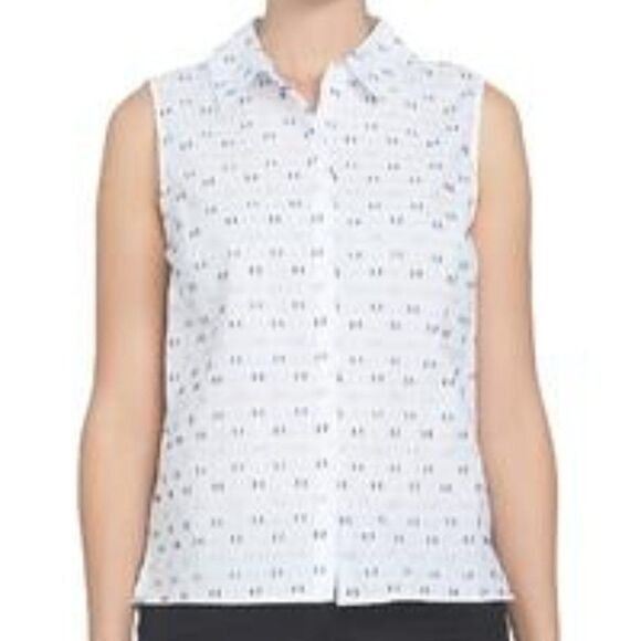 CeCe Clipped Swiss Dot Button Up Shirt Sleeveless - Picture 1 of 10